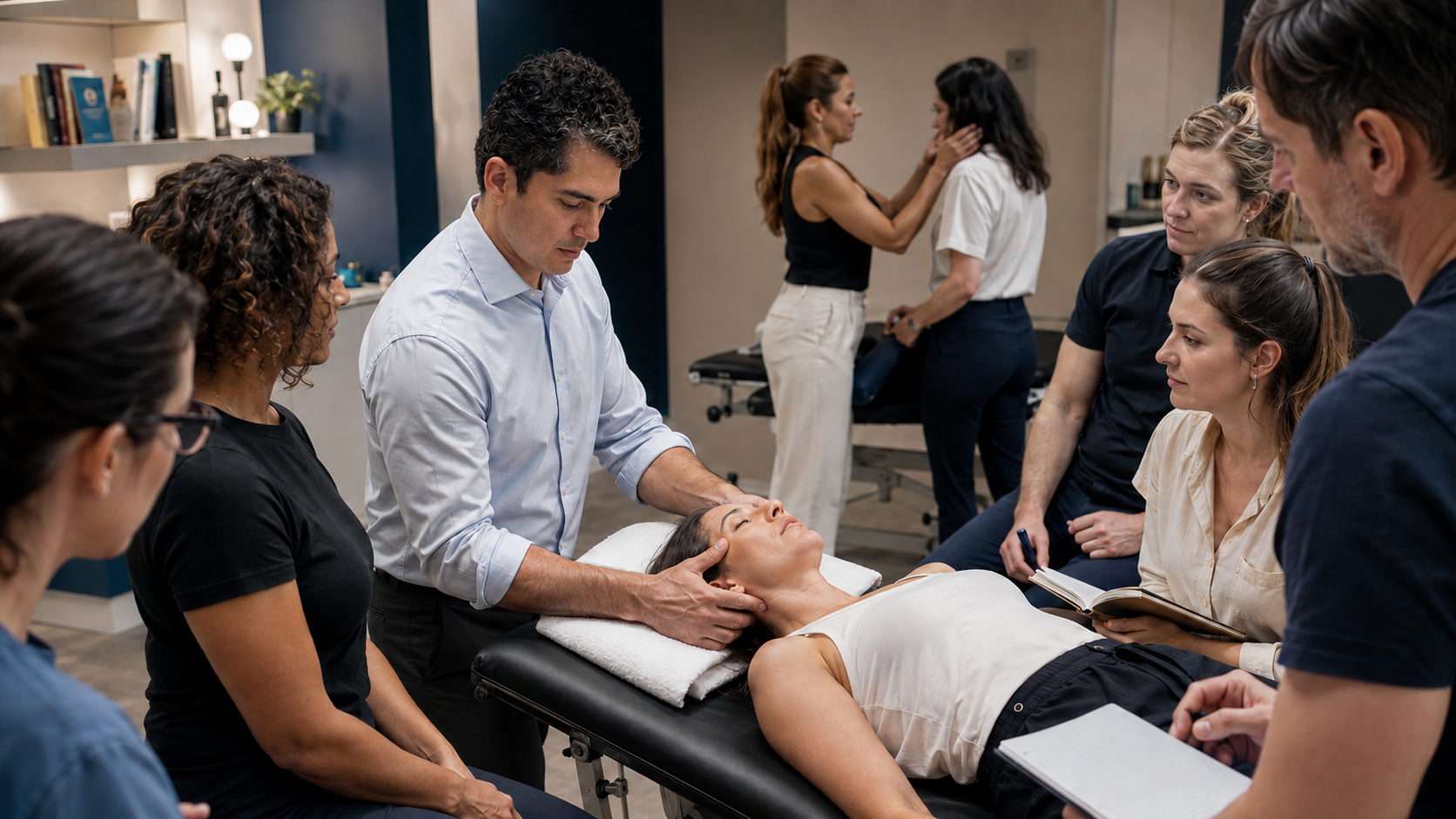 Instrutor conduzindo avaliação clínica prática em grupo